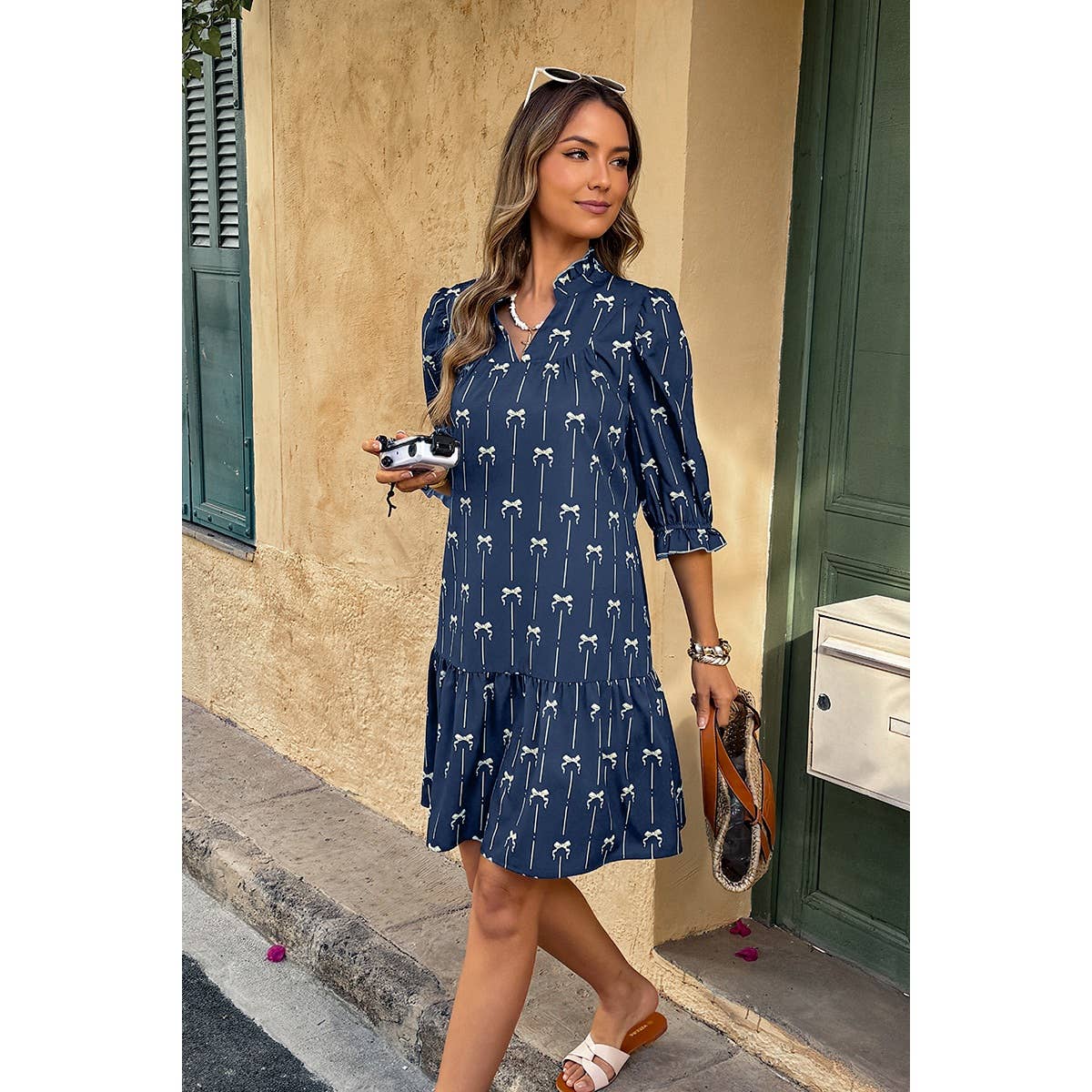 A Line Bow Ruffle V Neck Loose Fit Dress