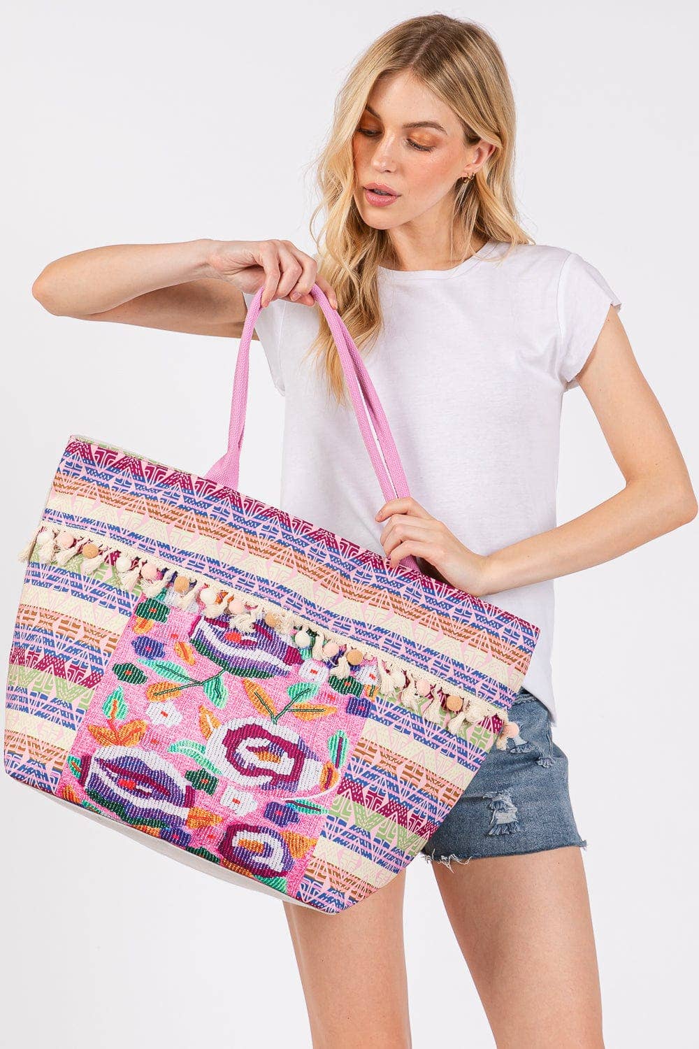 Boho Print Pom Pom Fringe Tote Bag