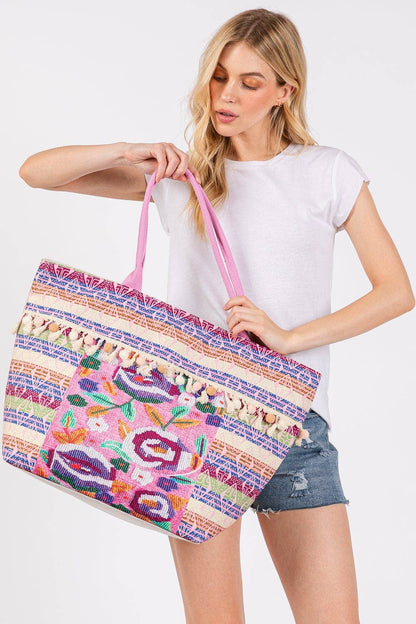 Boho Print Pom Pom Fringe Tote Bag