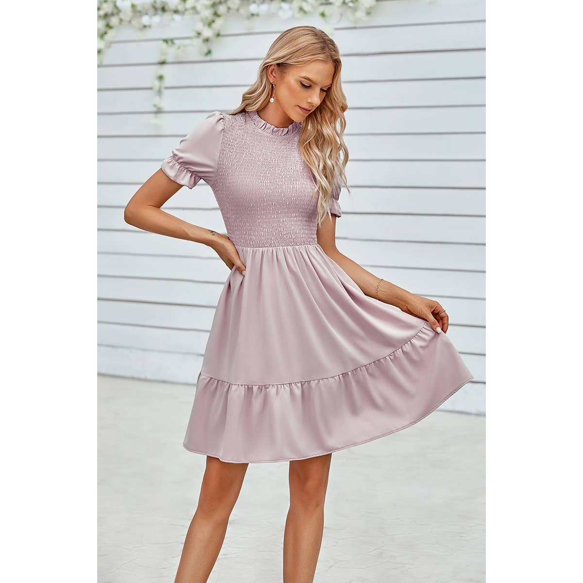 Solid Puff Sleeve Shirred Detail Ruffle Hem Dress