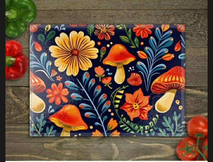 Retro Flower Mushrooms Glass Cutting Board