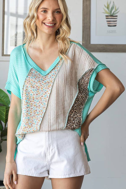 Multi Fabric Patchwork V neck Short Sleeve Top T5941