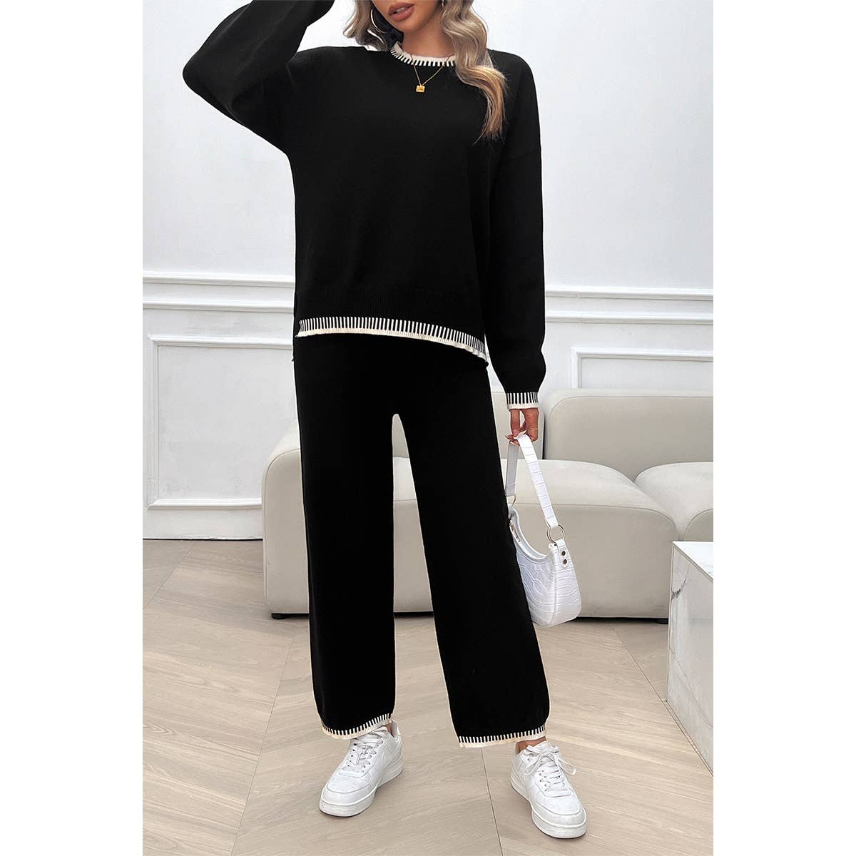 Color Block Round Neck Drop Shoulder Loose Set