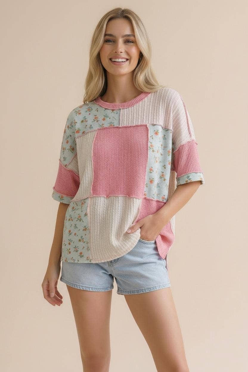Plus Floral Ribbed Color Block Patchwork Top