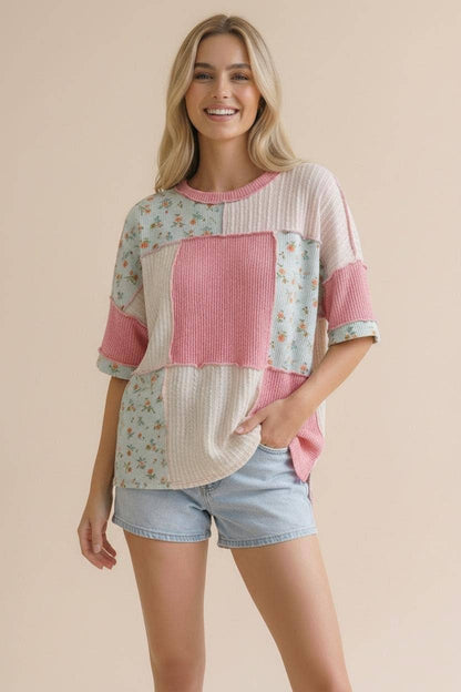 Plus Floral Ribbed Color Block Patchwork Top