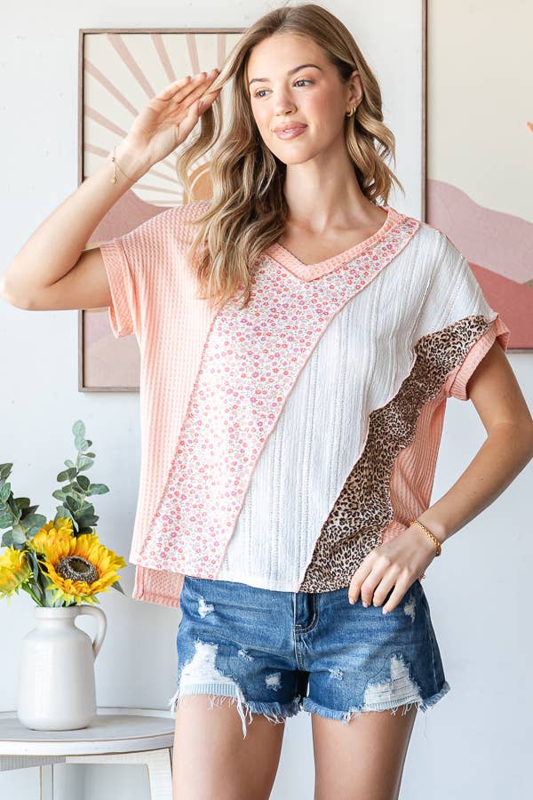Multi Fabric Patchwork V neck Short Sleeve Top T5941