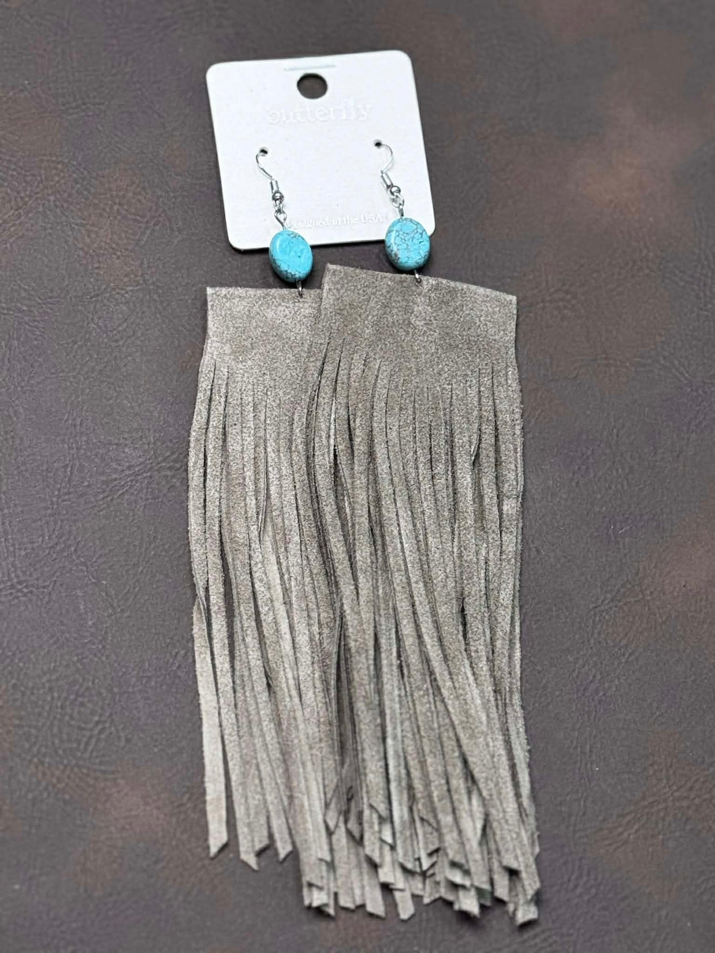 LEATHER FRINGE EARRING WITH TEAL STONE