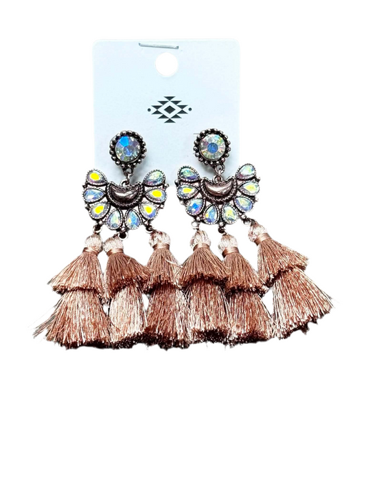 3 TIER EARRINGS WITH TASSELS AND AB STONES