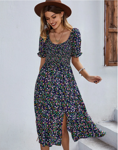 Bohemia Floral Puff Sleeve High Waist Flounce Sleeve Dress