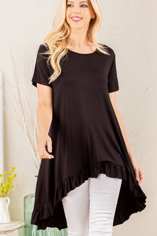 SOLID HIGH LOW TUNIC TOP WITH RUFFLED
