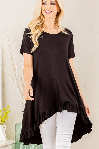SOLID HIGH LOW TUNIC TOP WITH RUFFLED