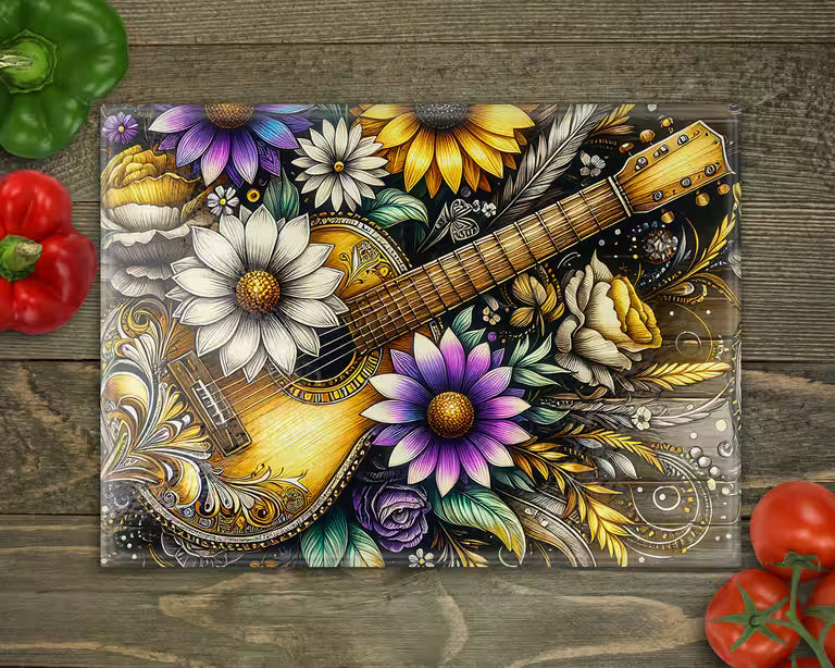 Guitar Floral Glass Cutting Board