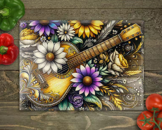 Guitar Floral Glass Cutting Board