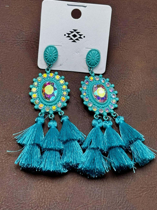 3 TIER AB STONES AND FRINGE EARRINGS