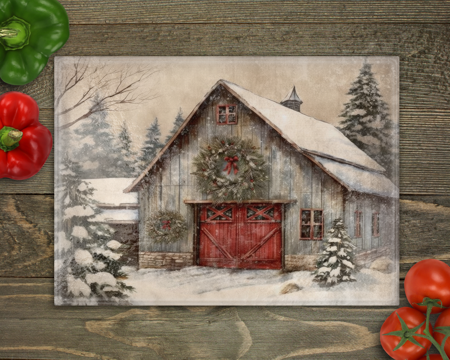 Barn in Winter Glass Cutting Board