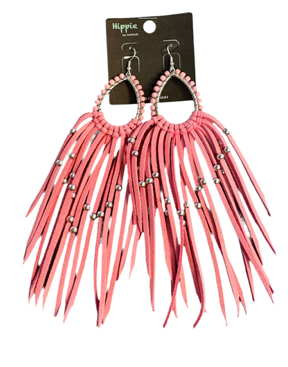 TEAR DROP EARRINGS WITH LONG LEATHER FRINGE