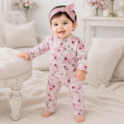 Watercolor Floral Zipper Bamboo Romper - Convertible Cuffs