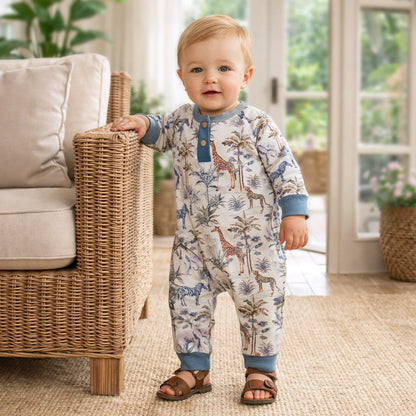 Jungle Safari Bamboo Henley Romper for Baby Boys