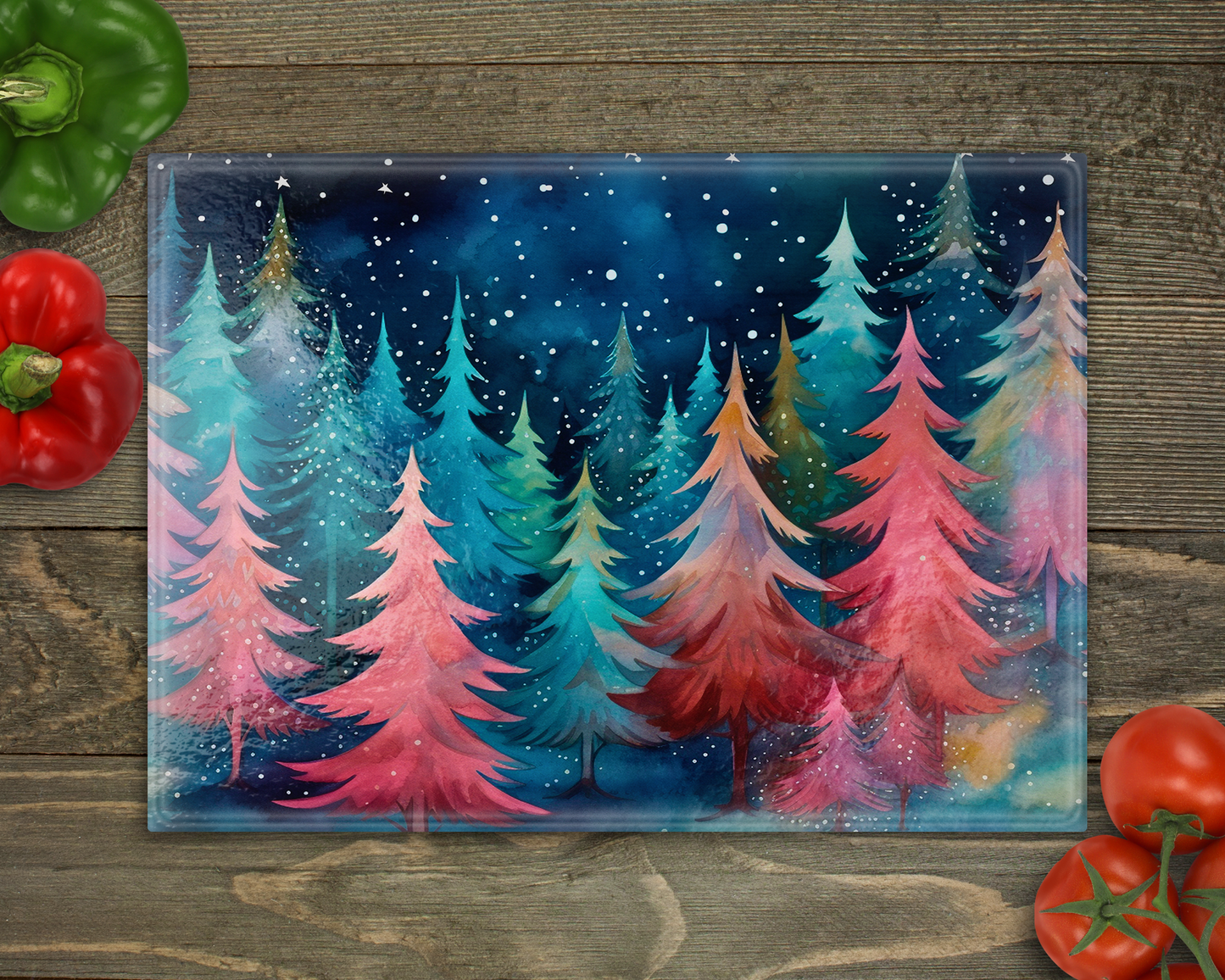 Pink and Blue Christmas Trees Glass Cutting Board