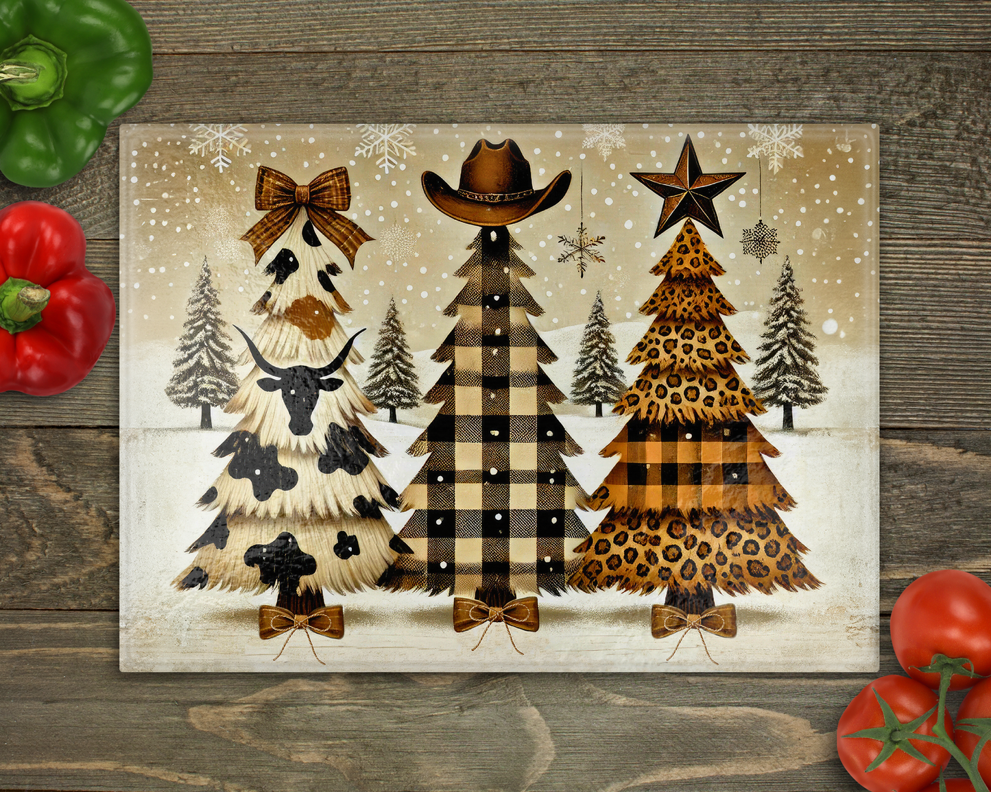 Country Christmas Trees Glass Cutting Board