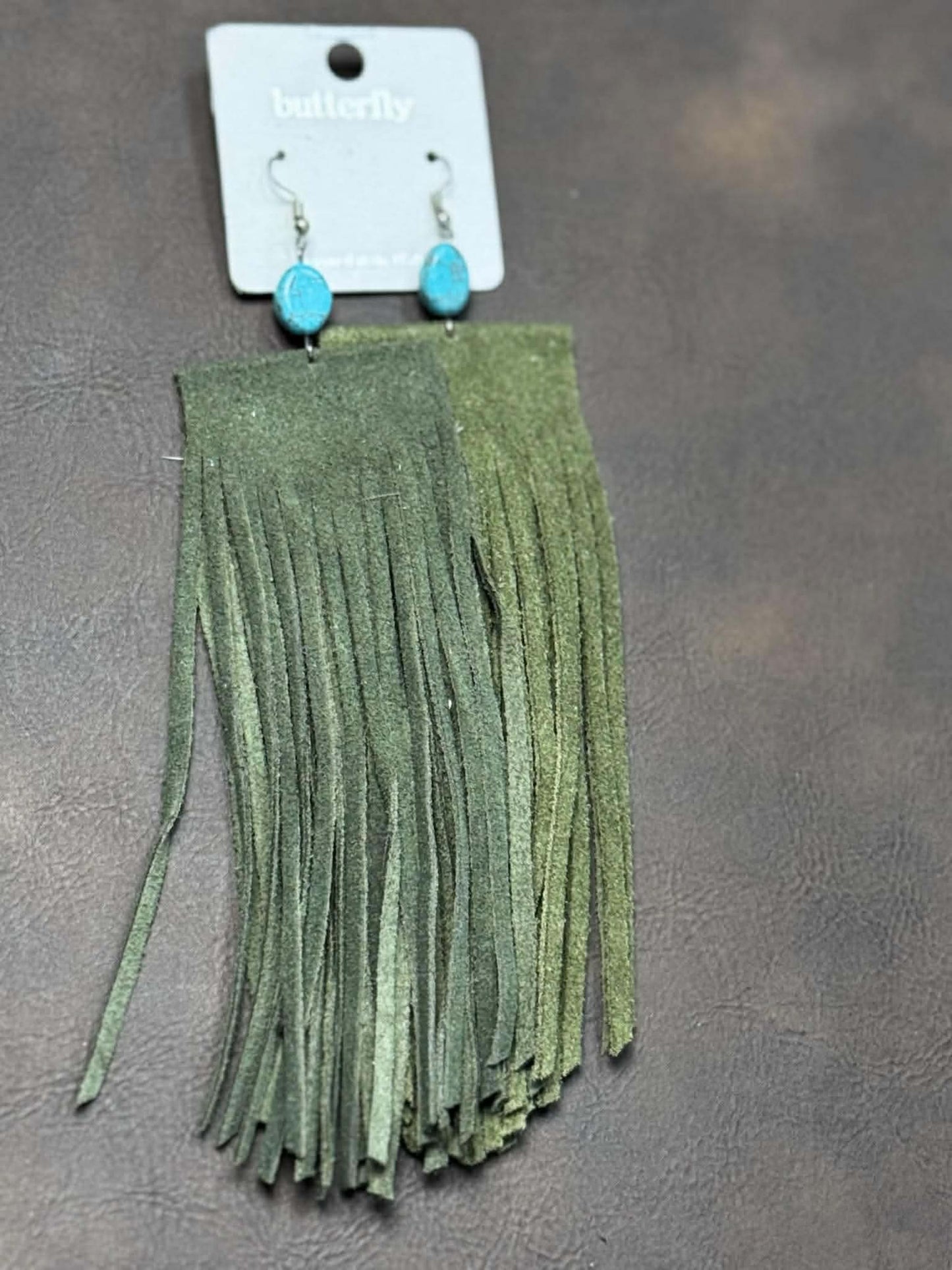 LEATHER FRINGE EARRING WITH TEAL STONE