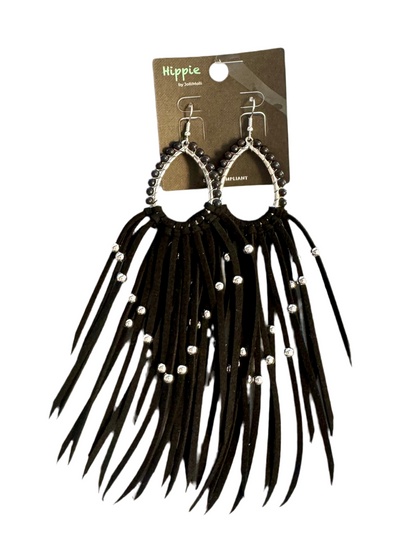 TEAR DROP EARRINGS WITH LONG LEATHER FRINGE