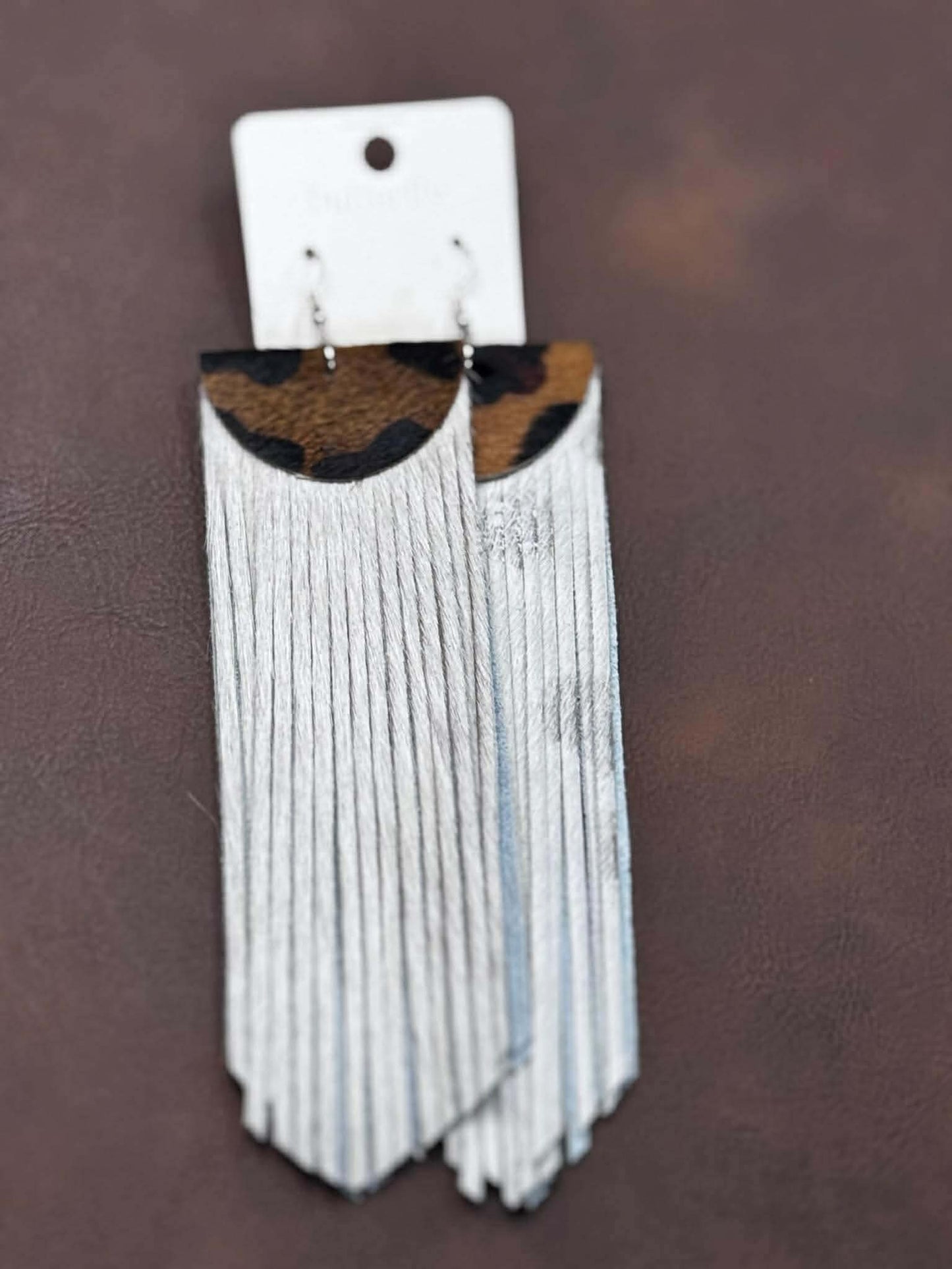 LEATHER FRINGE EARRINGS WITH LEOPARD HAIR ON HIDE