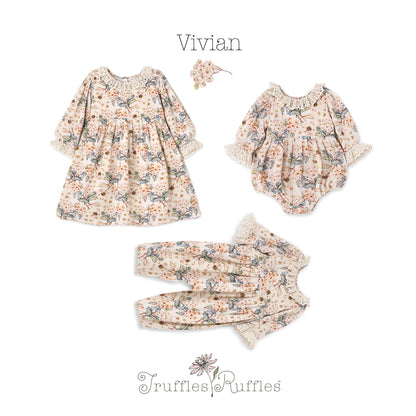 Vintage Floral Dress with Lace Collar Ruffles, Linen Blend