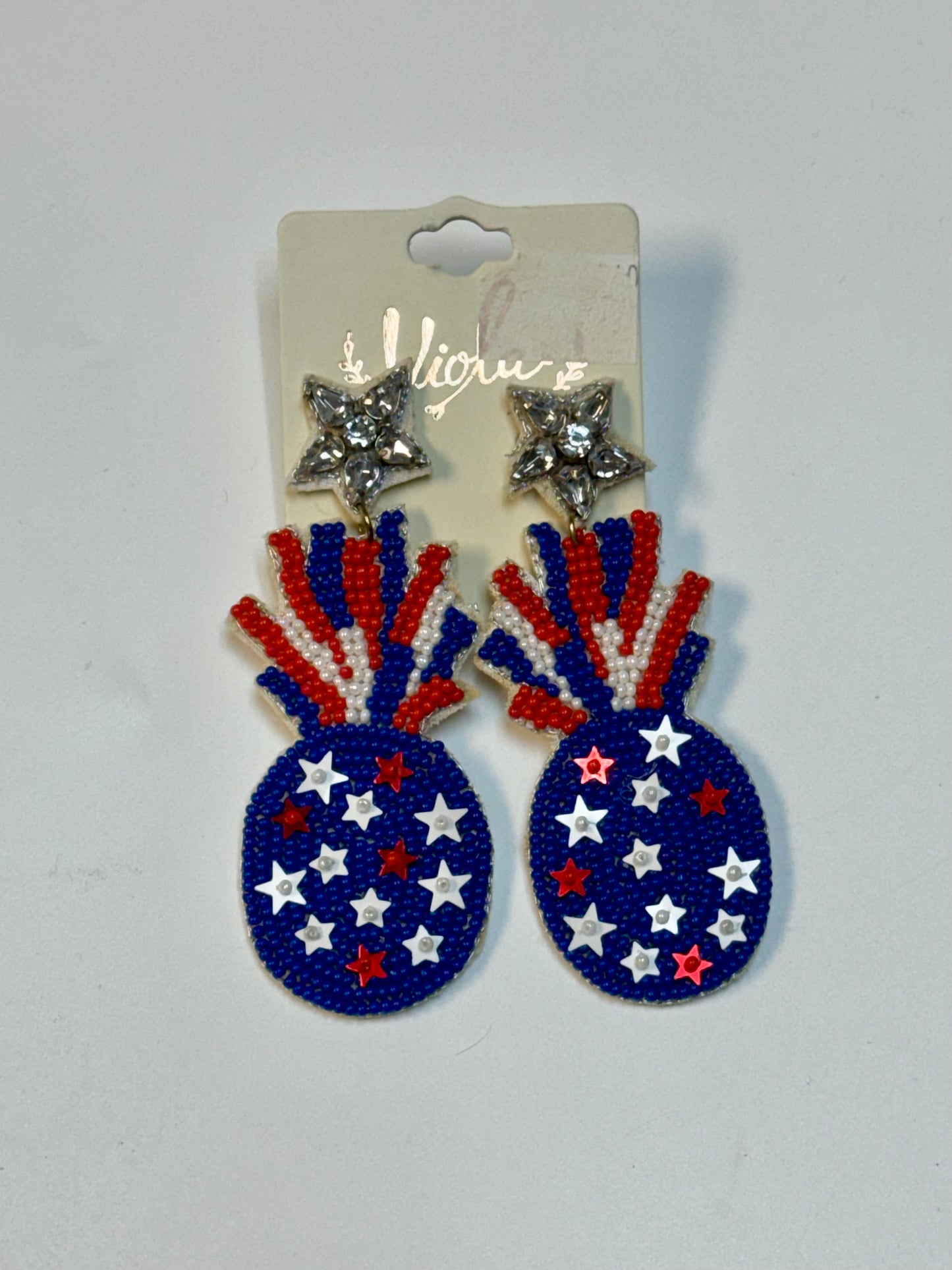 RED, WHITE, AND BLUE PINEAPPLE SEED BEAD EARRINGS