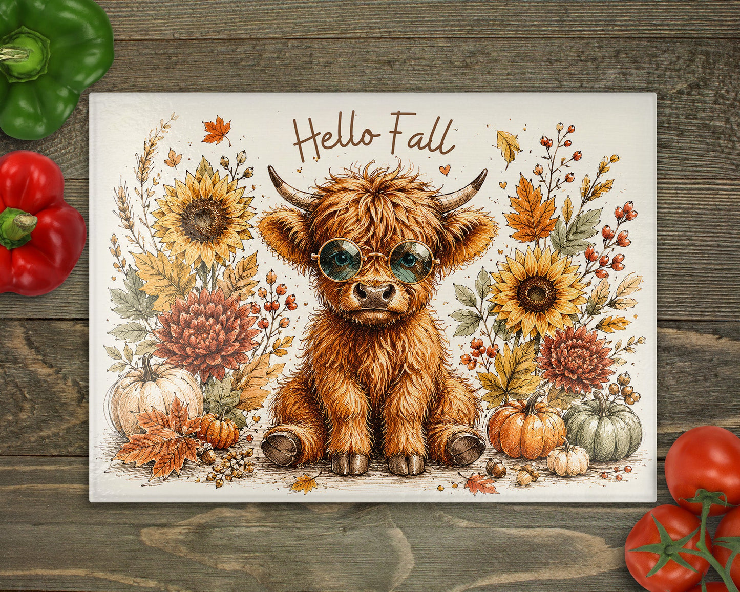 Hello Fall Highland Cow Glass Cutting Board