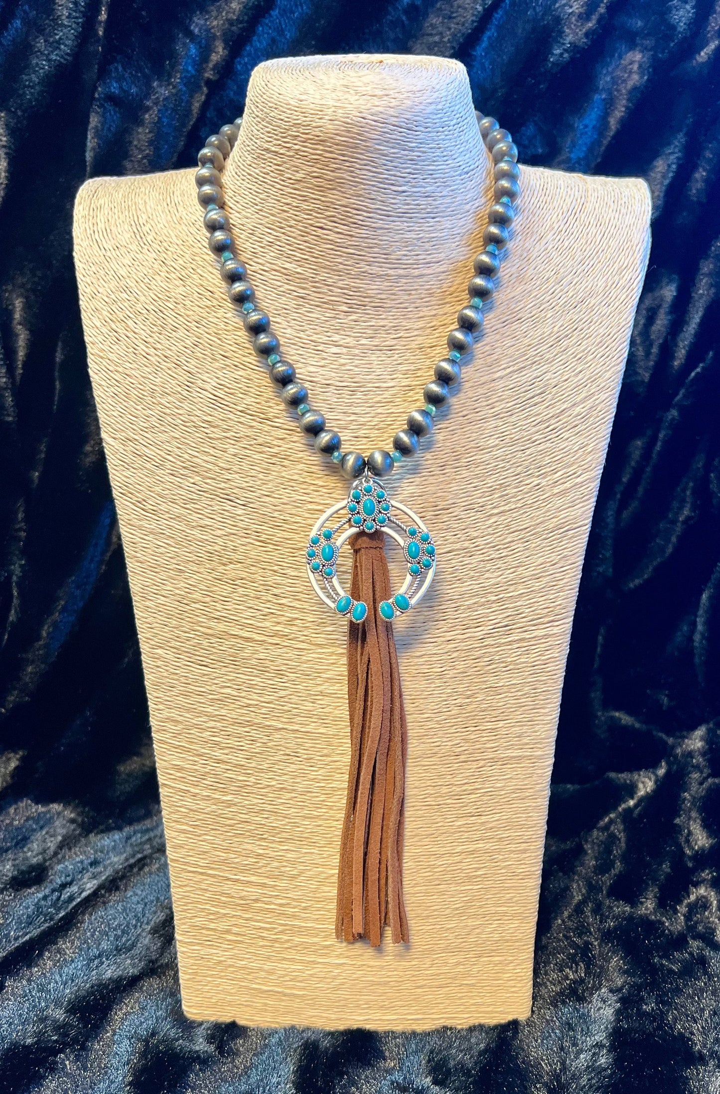 CHEEKYS NAVAJO BEAD NECKLACE WITH SQUASH AND LEATHER TASSEL