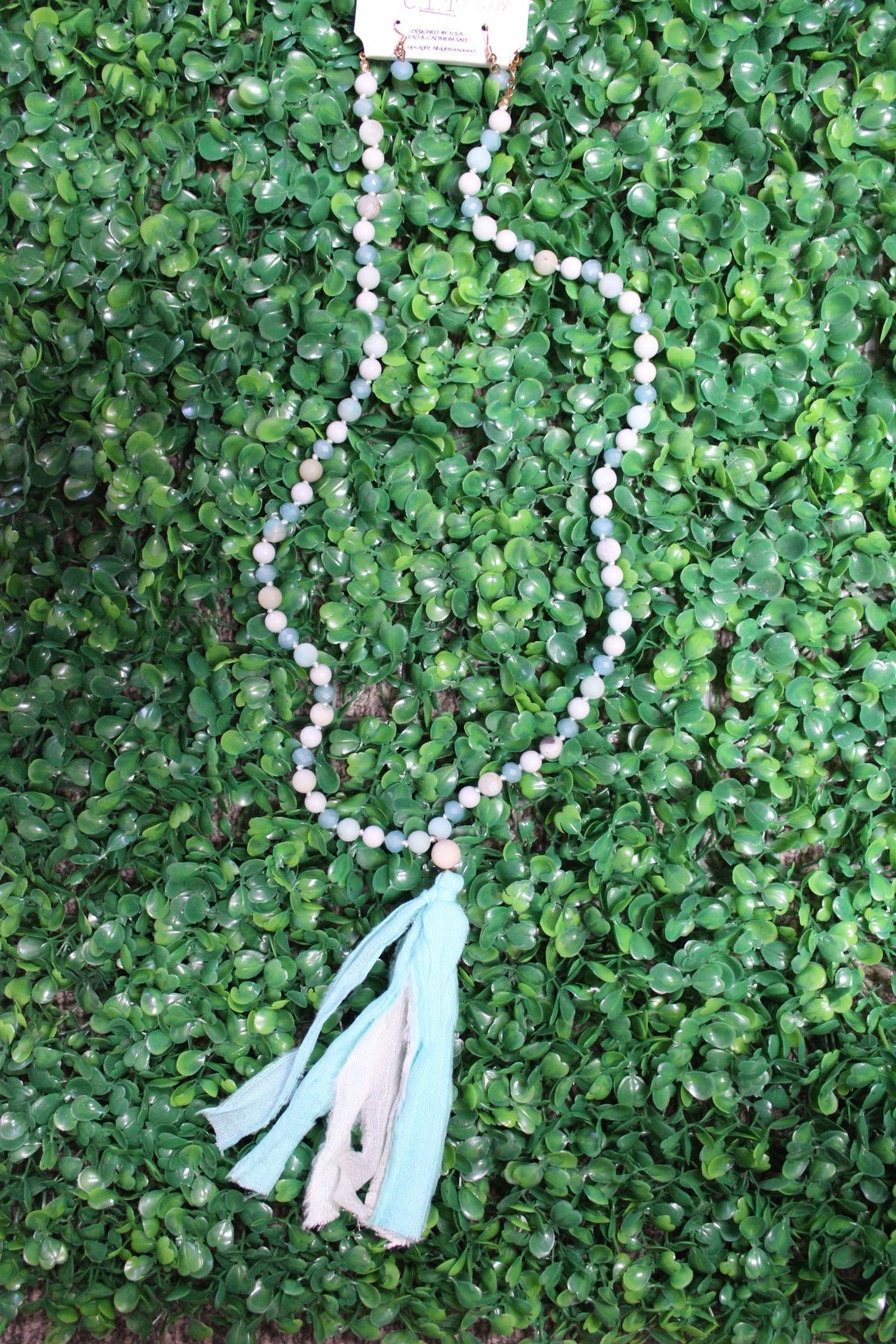 TURQUOISE MINT BEADED TASSEL NECKLACE