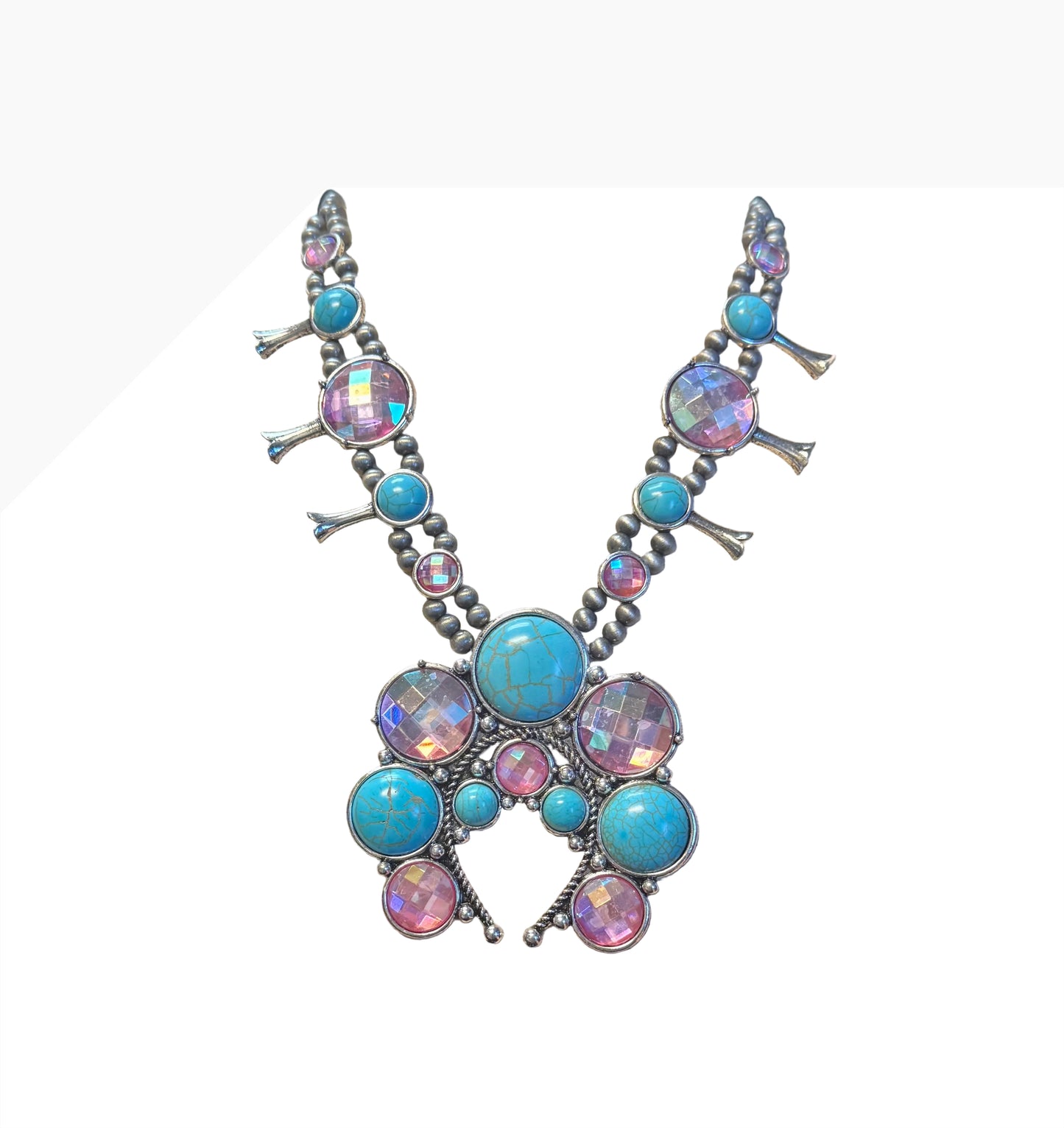 TURQUOISE STONE AND PINK AB SQUASH NECKLACE
