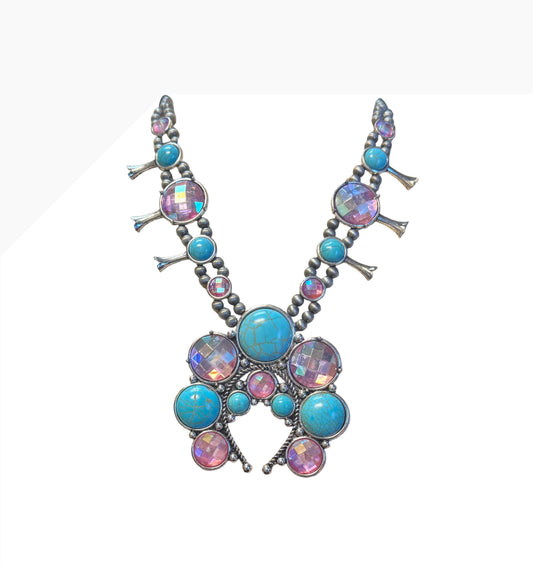 TURQUOISE STONE AND PINK AB SQUASH NECKLACE
