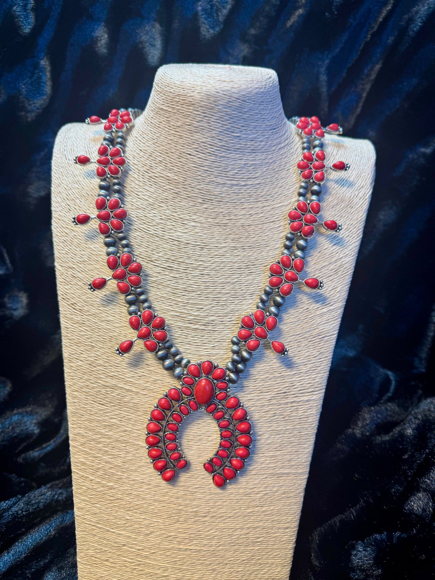RED STONE SQUASH NAVAJO BEAD NECKLACE AND EARRING SET