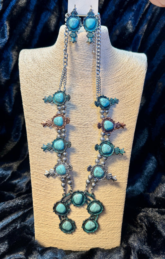 TURQUOISE STONE, PETINA, COPPER AND SILVER NECKLACE AND EARRING SET