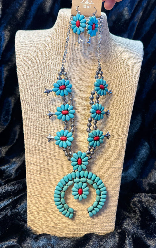 TEAL AND RED STONE SQUASH NECKLACE AND EARRING SET