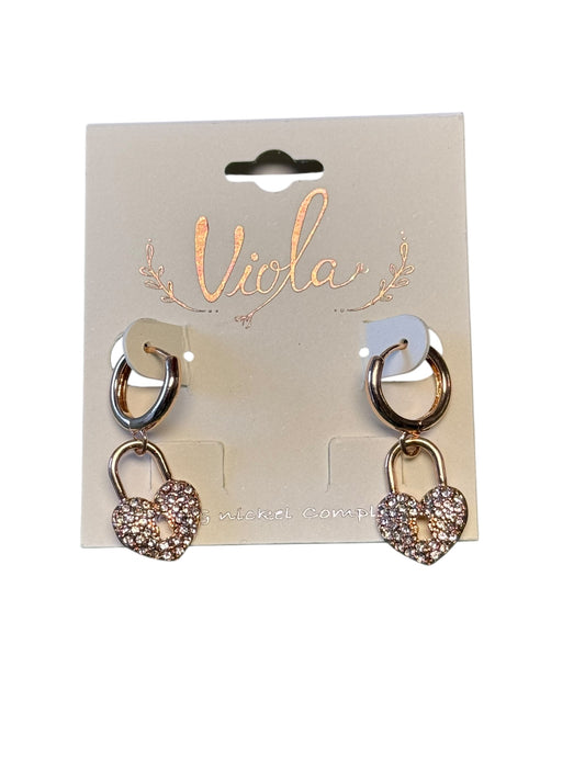 GOLD HEART SHAPED PADLOCK EARRINGS WITH RHINESTONES