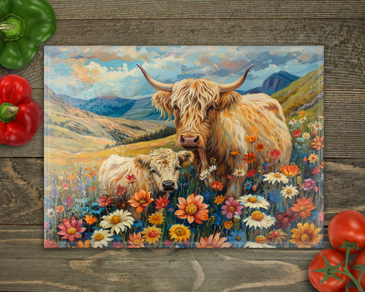 Mom Baby Highland Cows Glass Cutting Board