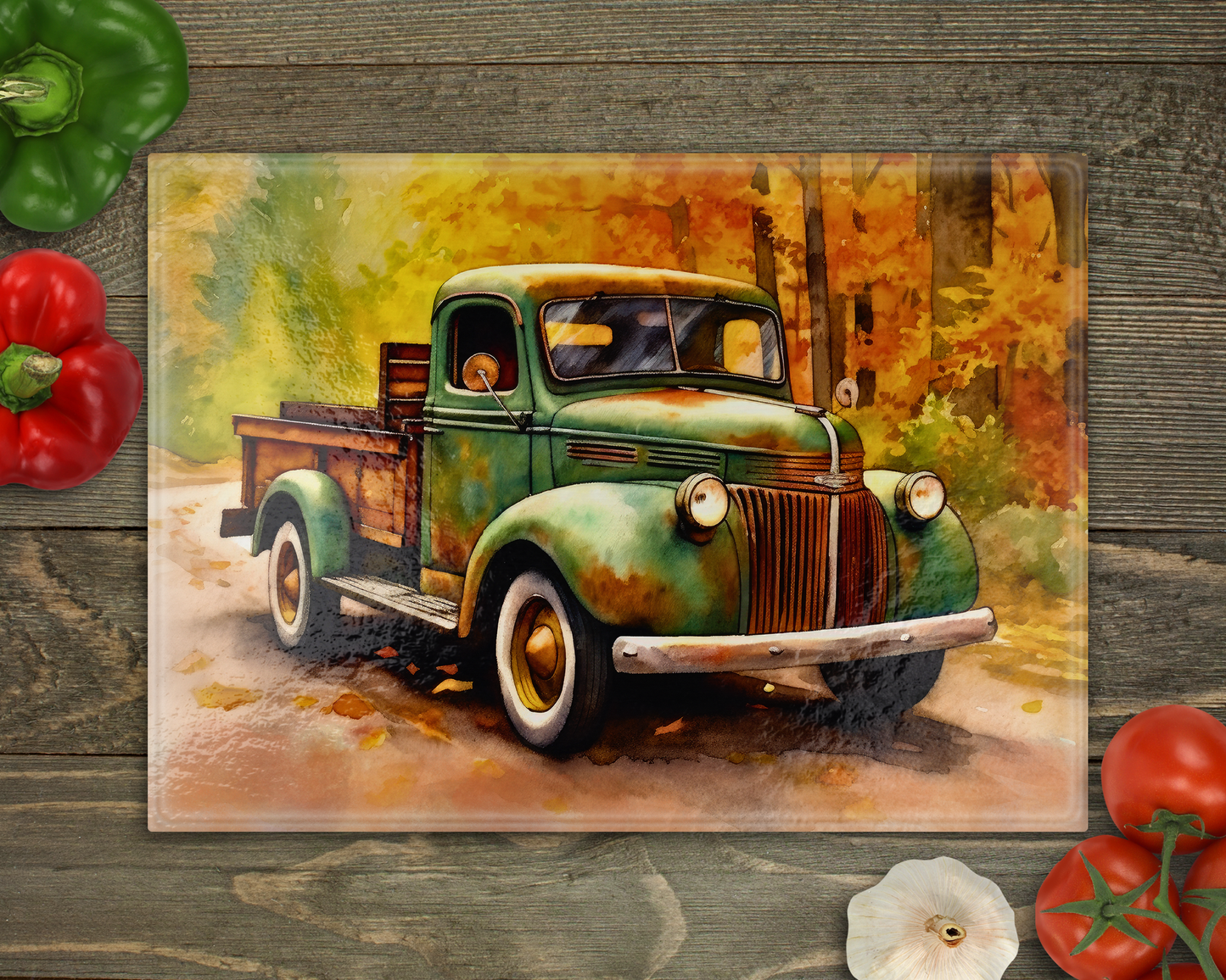 Vintage Truck Fall Glass Cutting Board