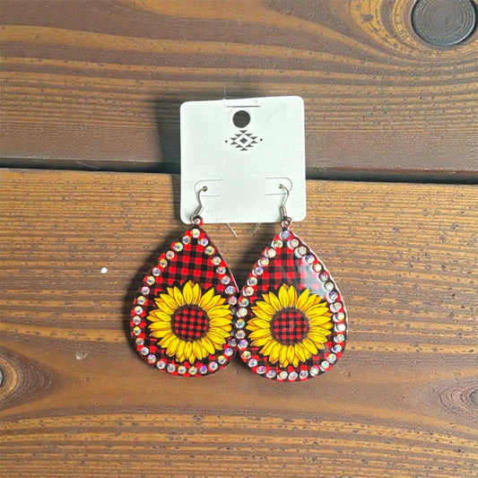 PLAID RED SUNFLOWER EARRINGS