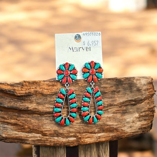 TURQUOISE N' RED TEARDROP STONE EARRINGS