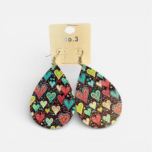 LARGE TEAR DROP EARRINGS WITH HEART PRINT