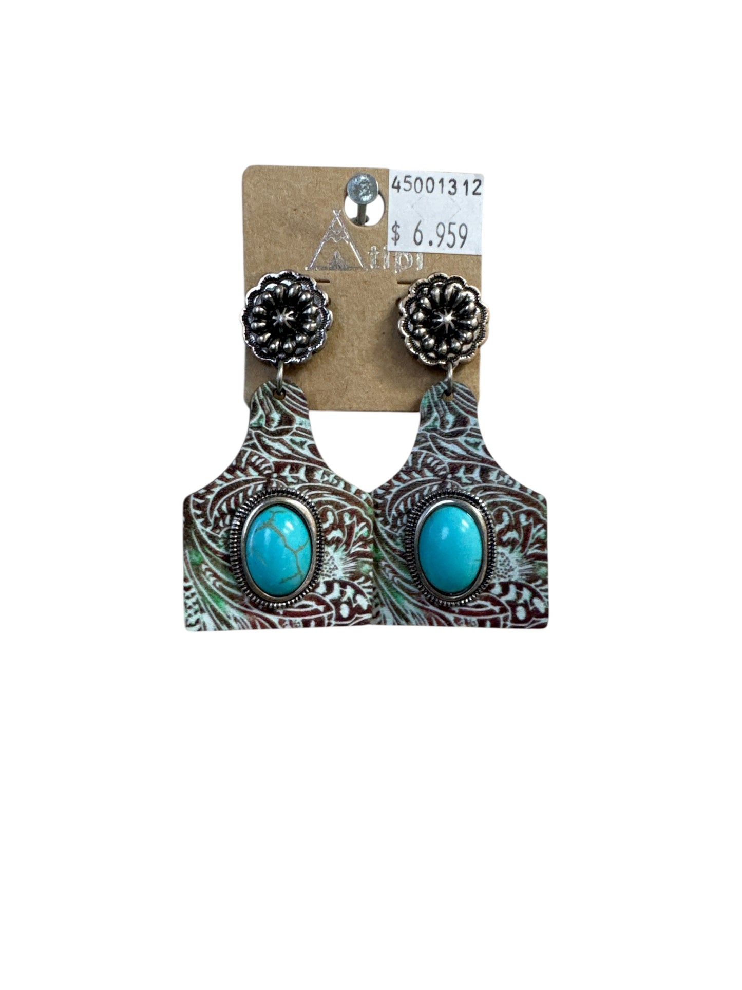 TURQUOISE STONE WOOD COW TAG EARRINGS
