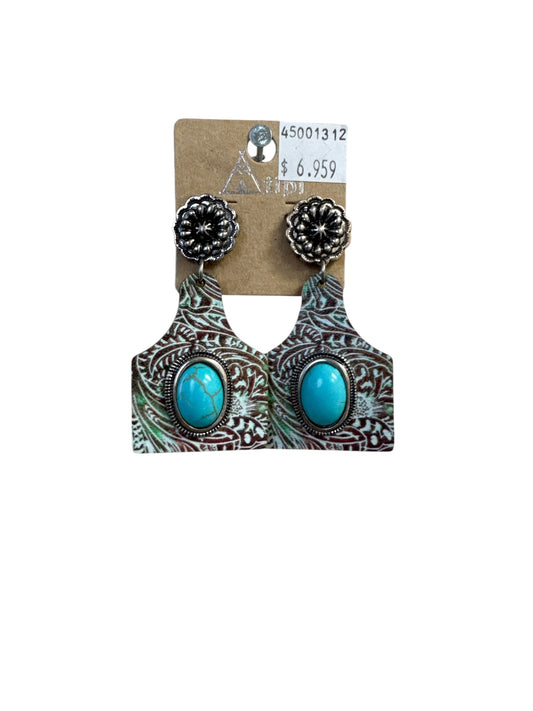 TURQUOISE STONE WOOD COW TAG EARRINGS