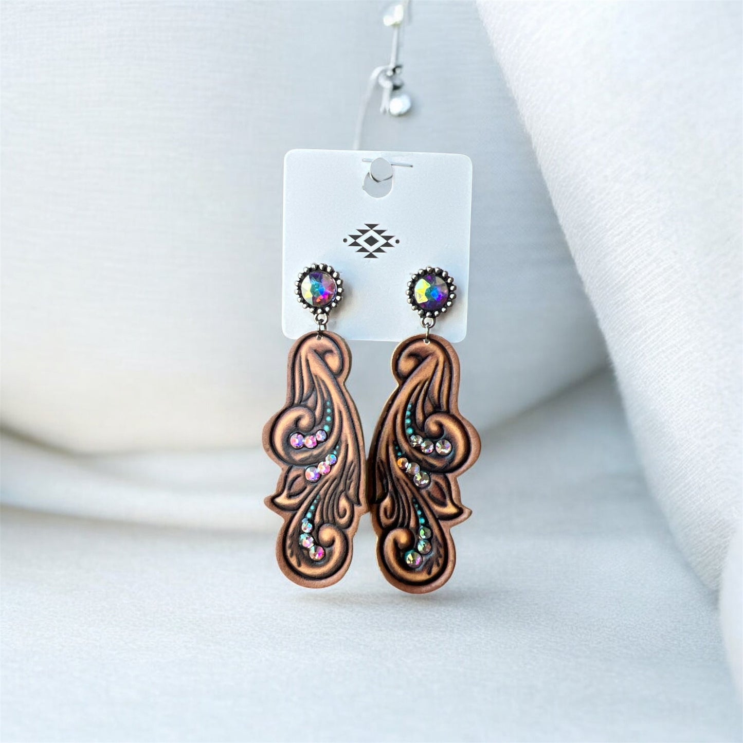 BROWN LEATHER GEM EARRINGS