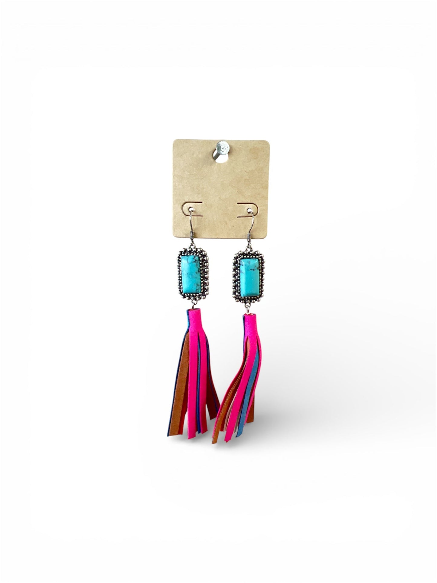 SQUARE TURQUOISE STONE TASSELED EARRINGS
