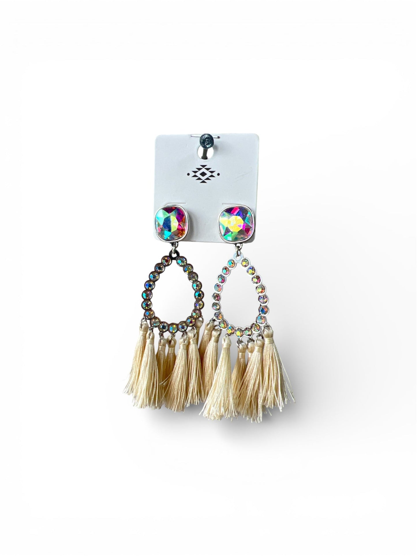 TAN GEM HOOP TASSEL EARRINGS
