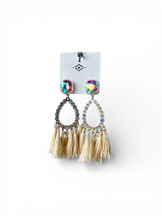 TAN GEM HOOP TASSEL EARRINGS