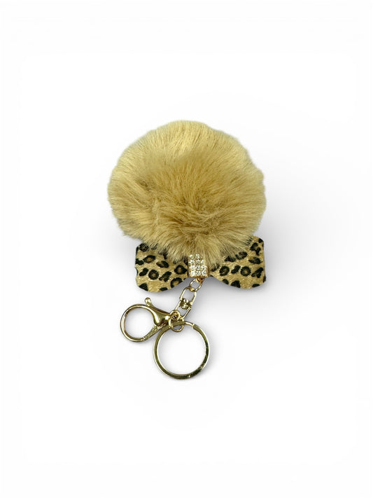 PUFF BALL KEYCHAIN WITH LEOPARD BOW
